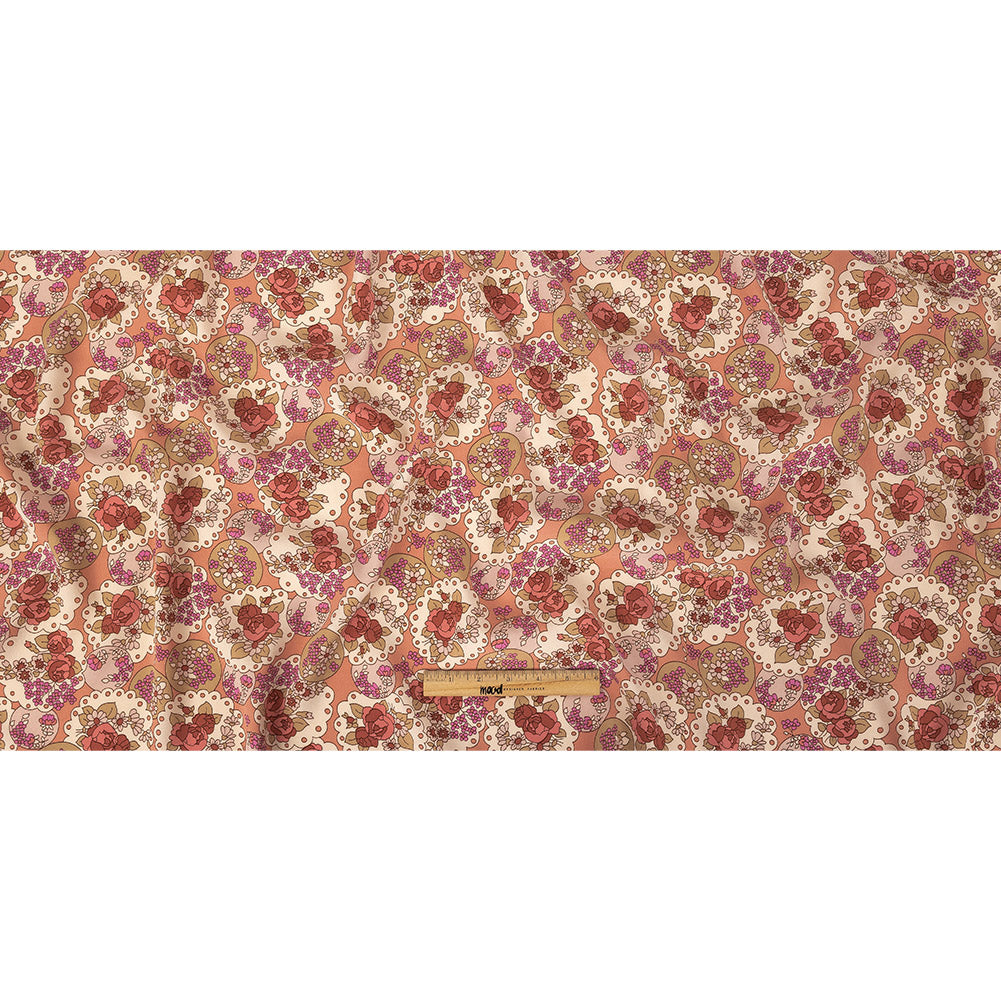 Italian Pink, Purple, and Cream Roses and Doilies Rayon Crepe Full Italian Pink, Purple, and Cream Roses and Doilies Rayon Crepe Full