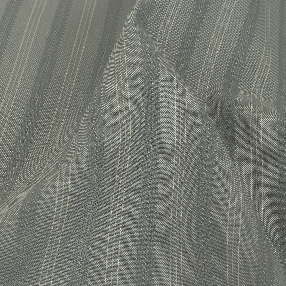 Cool Gray Satin-Faced Twill Stripes Stretch Polyester Suiting with Metallic White Pinstripes Detail Cool Gray Satin-Faced Twill Stripes Stretch Polyester Suiting with Metallic White Pinstripes Detail