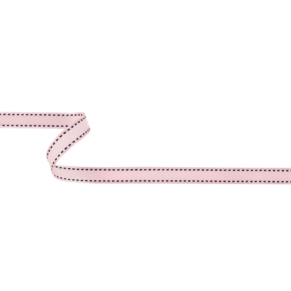 Baby Pink Woven Ribbon with Navy and White Stitched Border - 0.375" Baby Pink Woven Ribbon with Navy and White Stitched Border - 0.375"