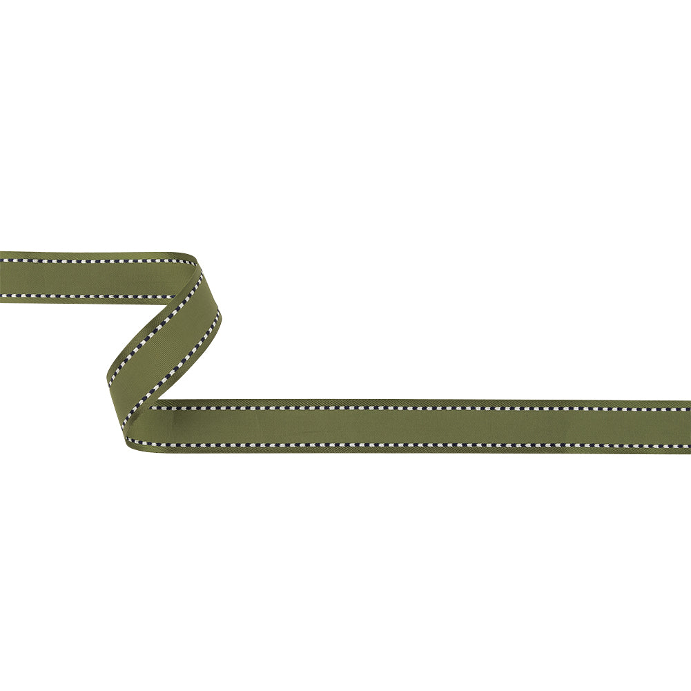 Sage Green Woven Ribbon with Navy and White Stitched Border - 0.625" Sage Green Woven Ribbon with Navy and White Stitched Border - 0.625"
