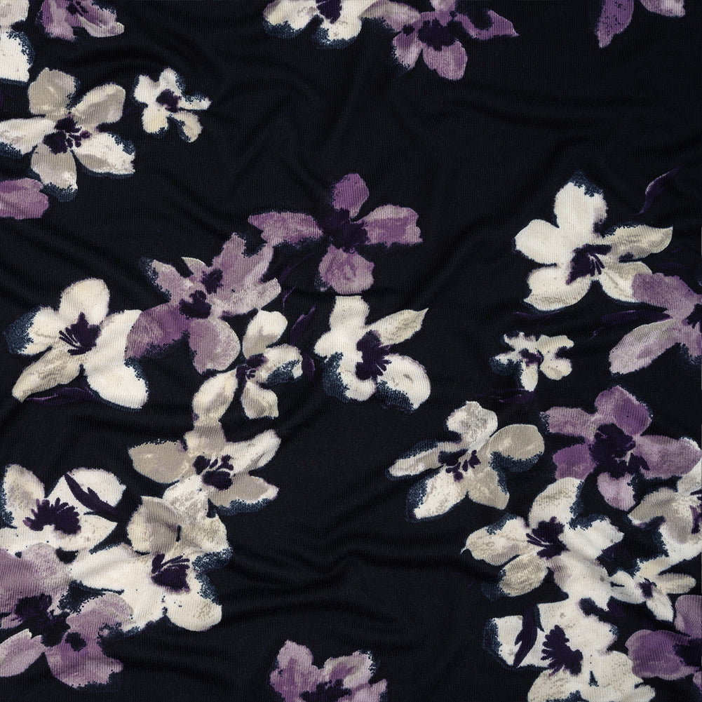 Navy, White and Purple Floral Stretch Polyester Sweater Knit Navy, White and Purple Floral Stretch Polyester Sweater Knit