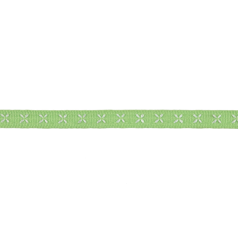 Spring Green Grosgrain Ribbon with Blanc de Blanc Stitched Flowers - 0.25" Detail Spring Green Grosgrain Ribbon with Blanc de Blanc Stitched Flowers - 0.25" Detail