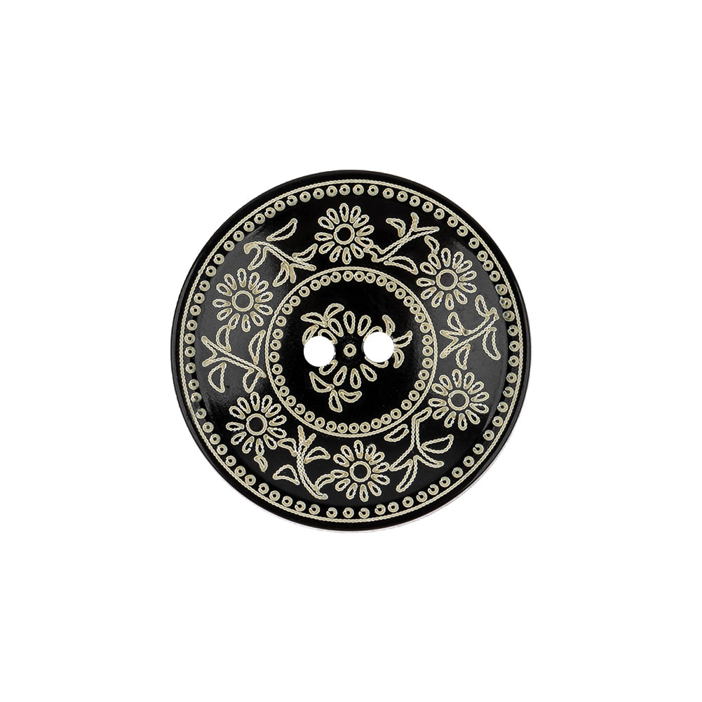 French Ecru and Black Floral Ornate 2-Hole Plastic Button - 34L/21.5mm French Ecru and Black Floral Ornate 2-Hole Plastic Button - 34L/21.5mm