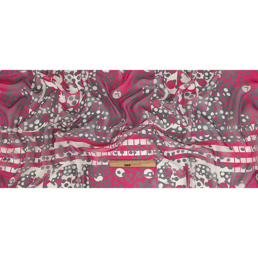 Fuchsia, Gray and White Circles and Stripes Silk Chiffon Full Fuchsia, Gray and White Circles and Stripes Silk Chiffon Full