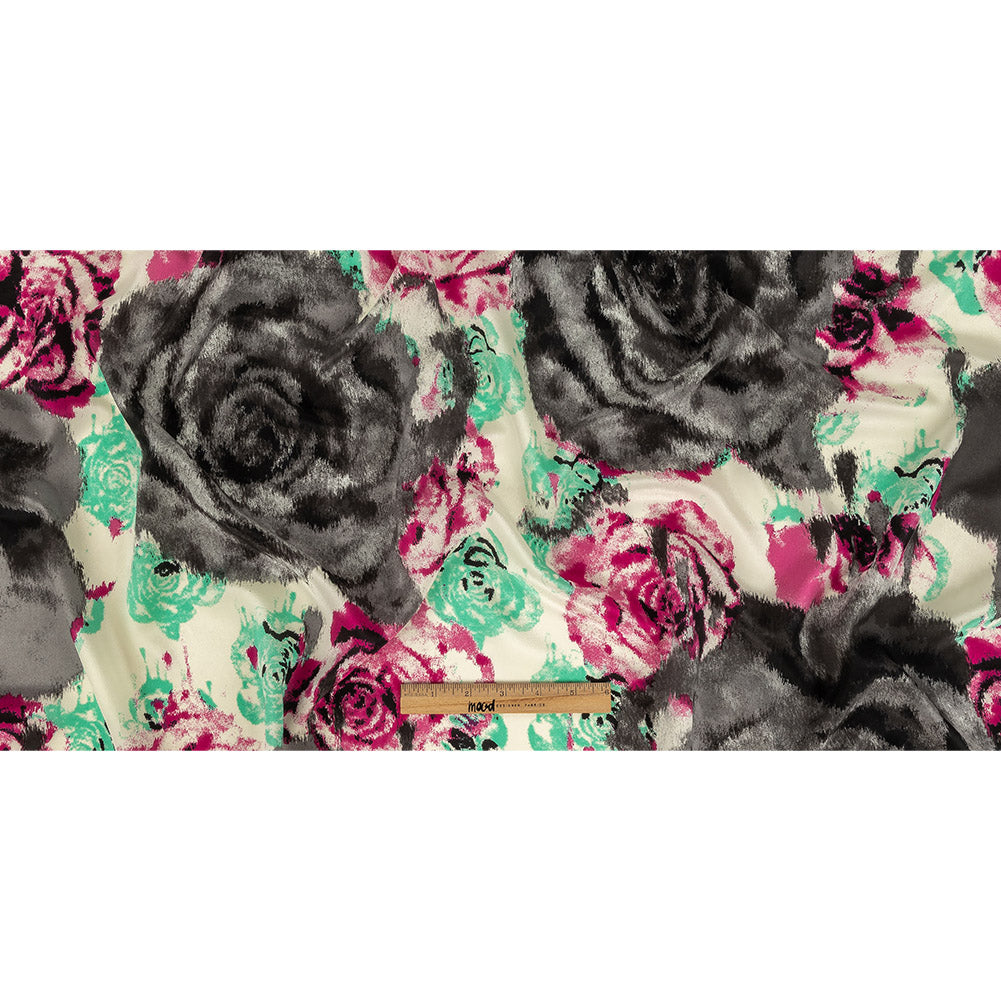 Pink, Electric Green and Flannel Gray Painterly Roses Silk Crepe de Chine Folded Pink, Electric Green and Flannel Gray Painterly Roses Silk Crepe de Chine Folded