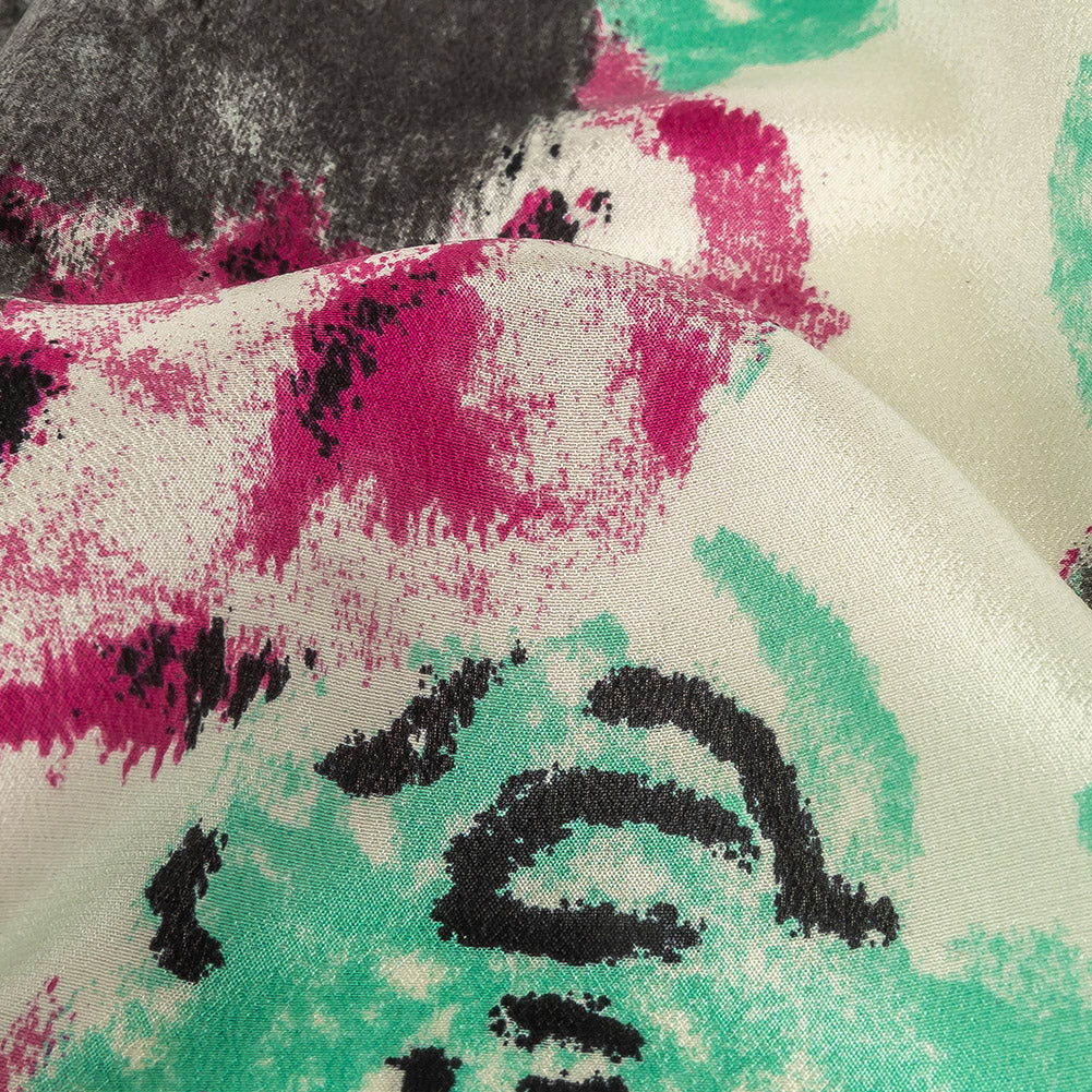 Pink, Electric Green and Flannel Gray Painterly Roses Silk Crepe de Chine Full Pink, Electric Green and Flannel Gray Painterly Roses Silk Crepe de Chine Full