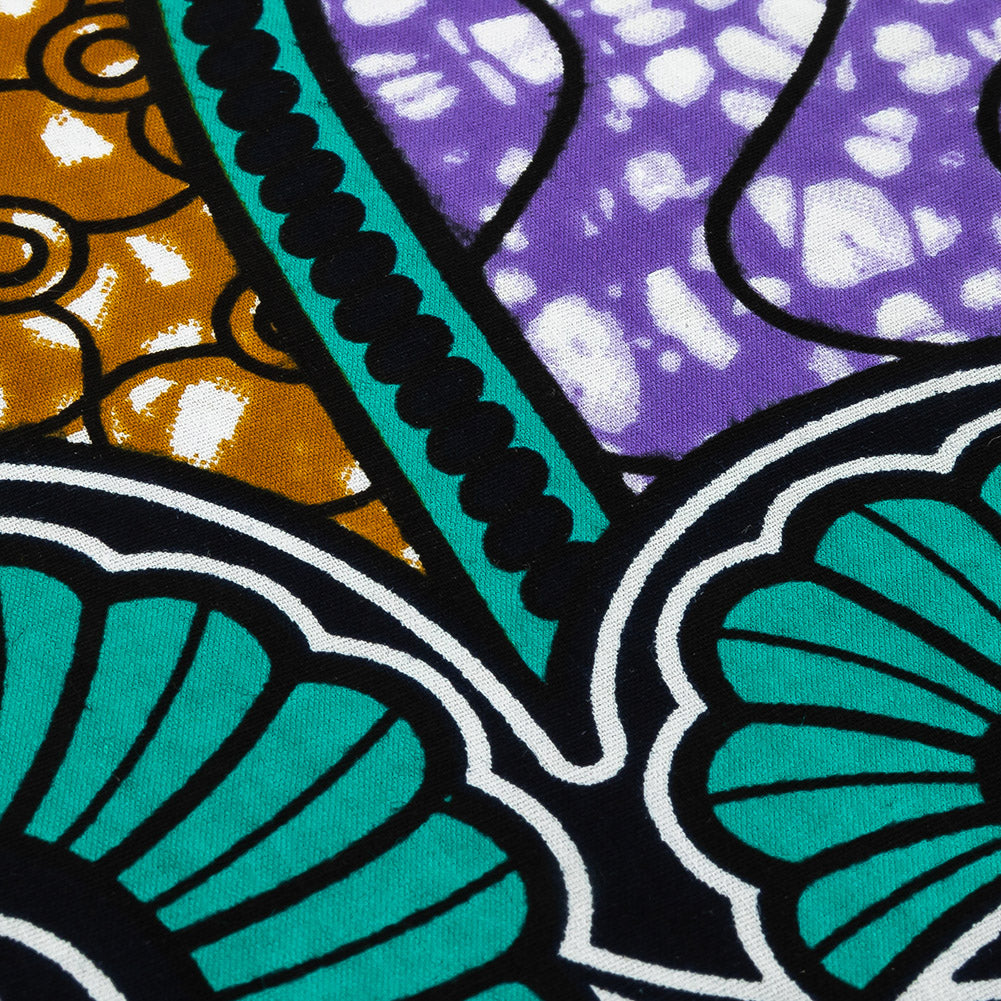 Teal, Gold and Purple Spirals and Abstract Cotton Supreme Super Wax African Print Detail Teal, Gold and Purple Spirals and Abstract Cotton Supreme Super Wax African Print Detail