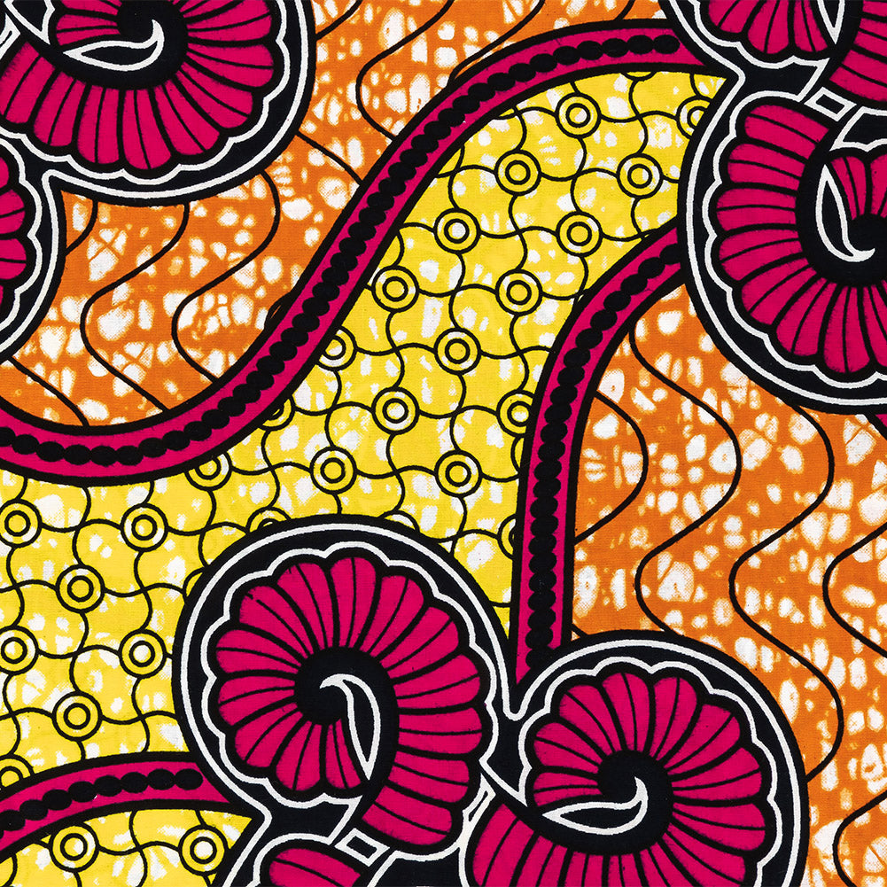 Pink, Lemon and Orange Spirals and Abstract Cotton Supreme Super Wax African Print Folded Pink, Lemon and Orange Spirals and Abstract Cotton Supreme Super Wax African Print Folded