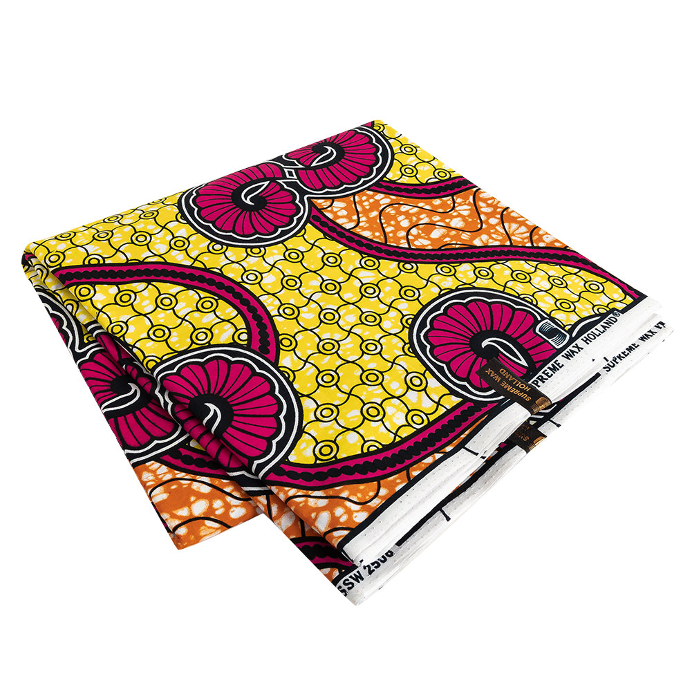 Pink, Lemon and Orange Spirals and Abstract Cotton Supreme Super Wax African Print Pink, Lemon and Orange Spirals and Abstract Cotton Supreme Super Wax African Print