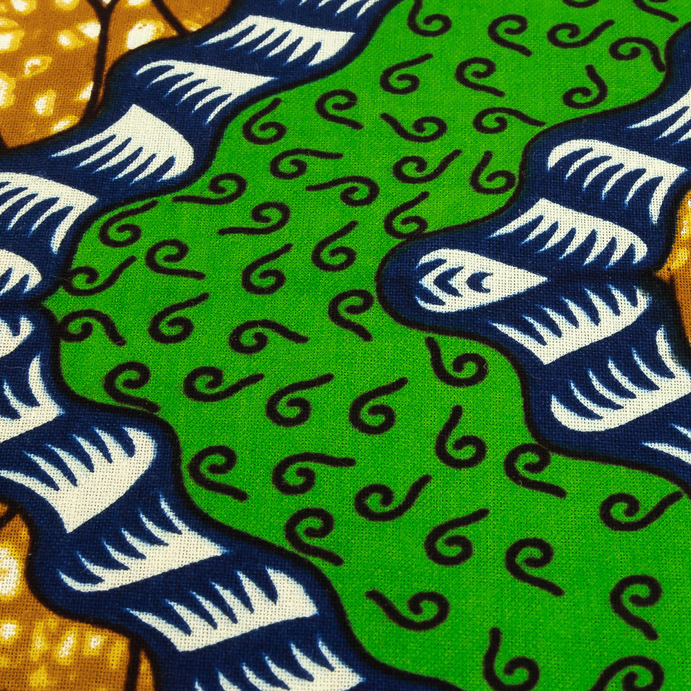 Green, Estate Blue and Tan Wavy Zig Zags Cotton Supreme Wax African Print Detail Green, Estate Blue and Tan Wavy Zig Zags Cotton Supreme Wax African Print Detail