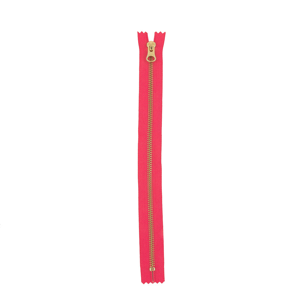 YKK Hot Pink Metal Closed Bottom Zipper with Gold Teeth - 11" Full YKK Hot Pink Metal Closed Bottom Zipper with Gold Teeth - 11" Full