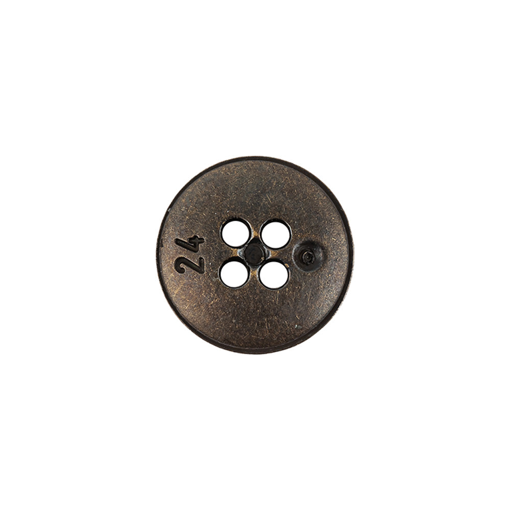 Italian Bronze Shallow Plate 4-Hole Metal Look Coat Button - 24L/15mm Detail Italian Bronze Shallow Plate 4-Hole Metal Look Coat Button - 24L/15mm Detail