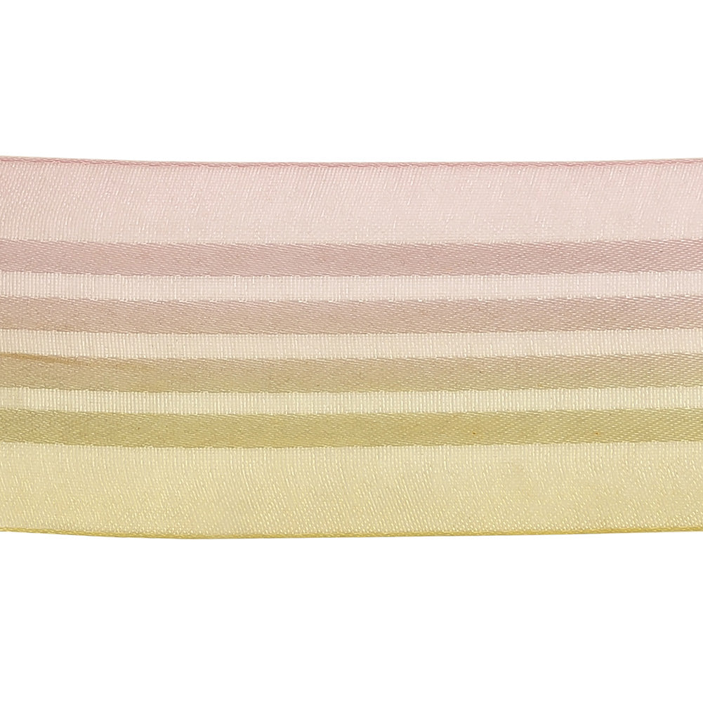 Pink and Yellow Ombre Sheer Ribbon with Satin Stripes - 1.625" Detail Pink and Yellow Ombre Sheer Ribbon with Satin Stripes - 1.625" Detail