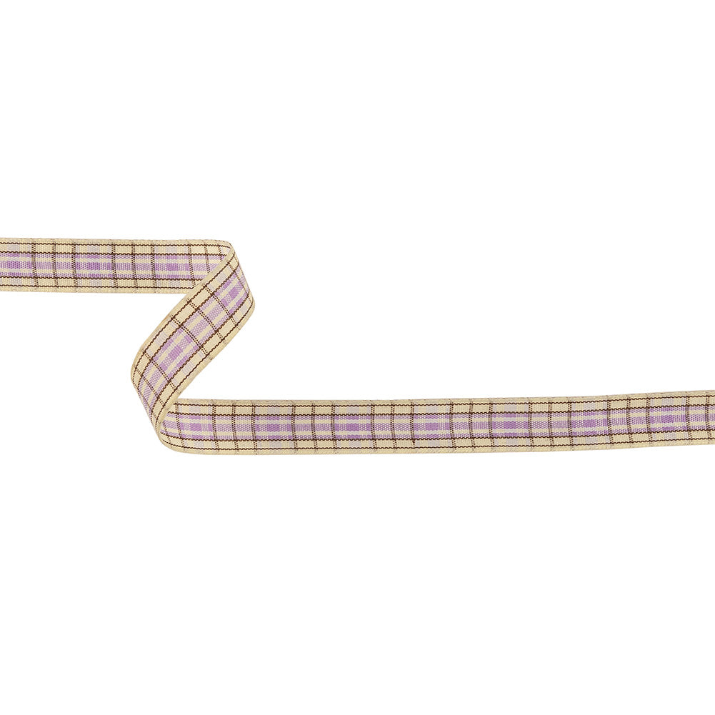 Lilac, Brown and Vanilla Ice Plaid Woven Ribbon - 0.625" Lilac, Brown and Vanilla Ice Plaid Woven Ribbon - 0.625"
