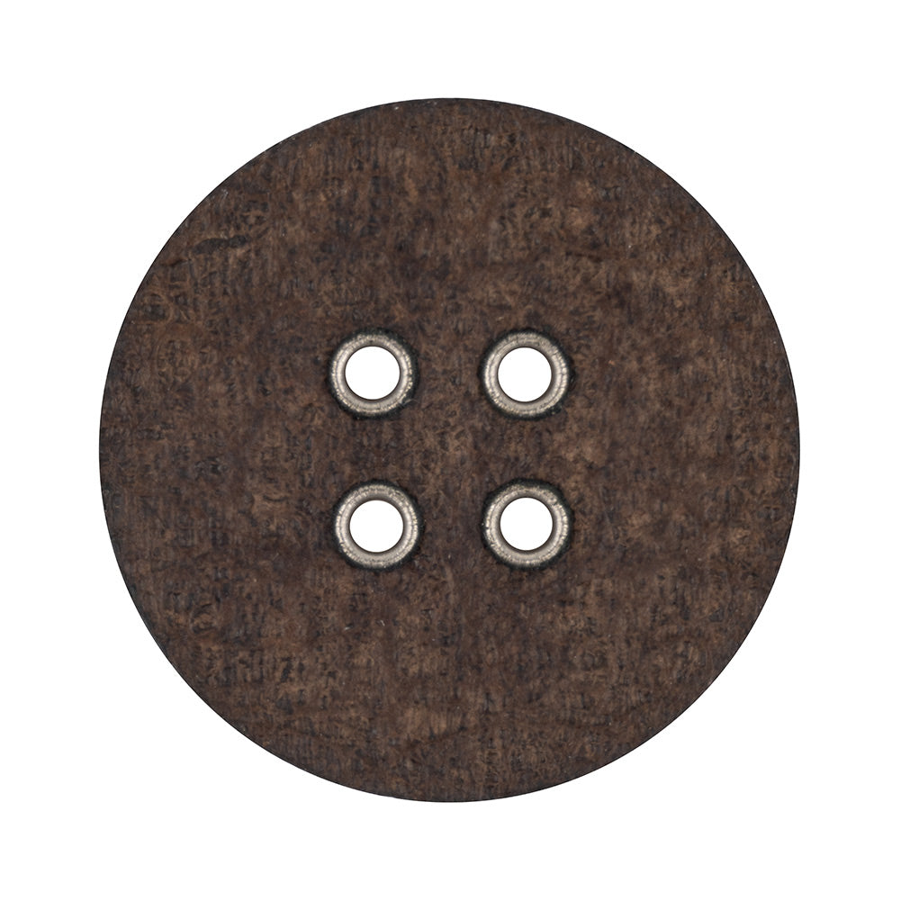 Italian Dark Brown and Shiny Silver Metal 4-Hole Leather Button - 52L/33mm Detail Italian Dark Brown and Shiny Silver Metal 4-Hole Leather Button - 52L/33mm Detail