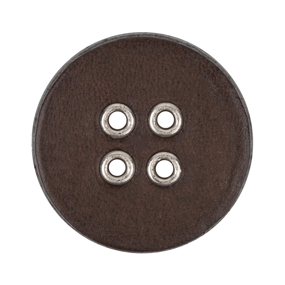 Italian Dark Brown and Shiny Silver Metal 4-Hole Leather Button - 52L/33mm Italian Dark Brown and Shiny Silver Metal 4-Hole Leather Button - 52L/33mm
