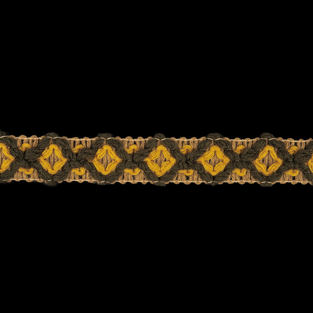 Beige, Mustard and Rifle Green Diamonds Embroidered Trim - 1" Beige, Mustard and Rifle Green Diamonds Embroidered Trim - 1"