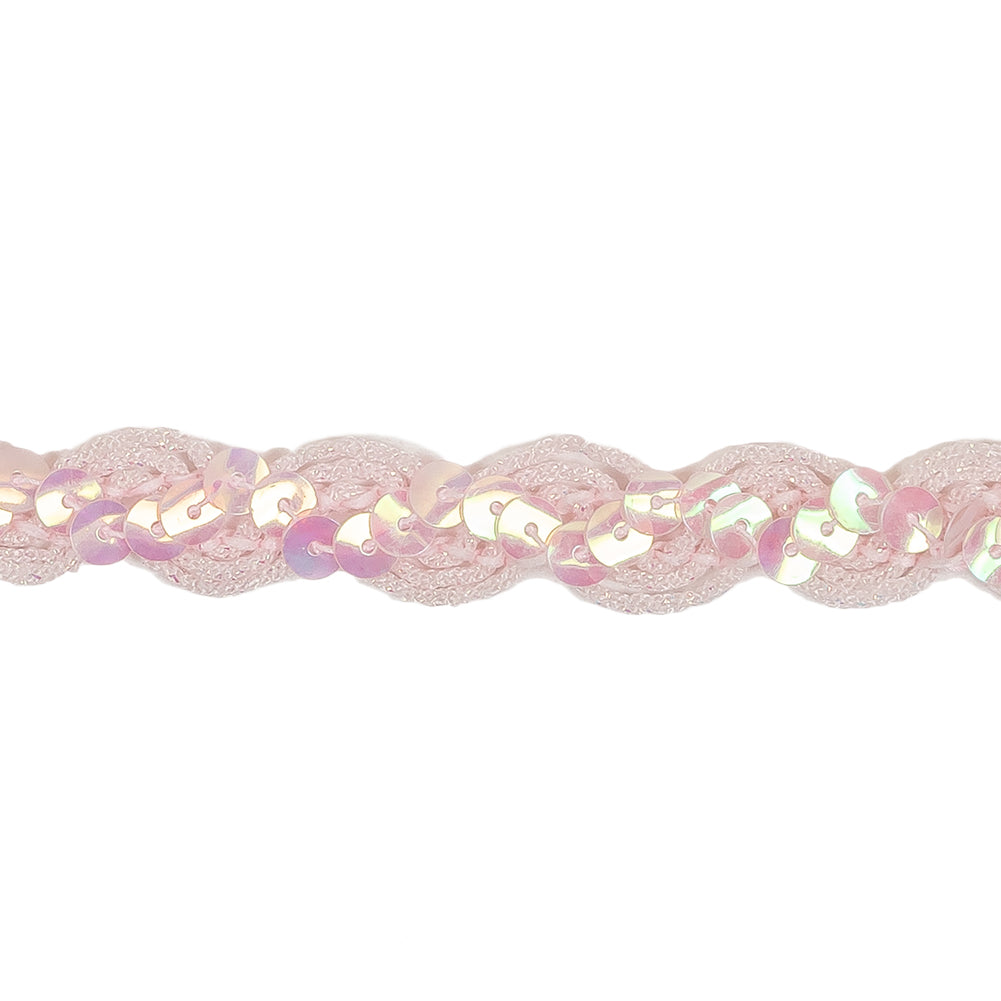 Iridescent Pink Wavy Braided Trim with Translucent Iridescent Pink Sequins - 0.625" Detail Iridescent Pink Wavy Braided Trim with Translucent Iridescent Pink Sequins - 0.625" Detail