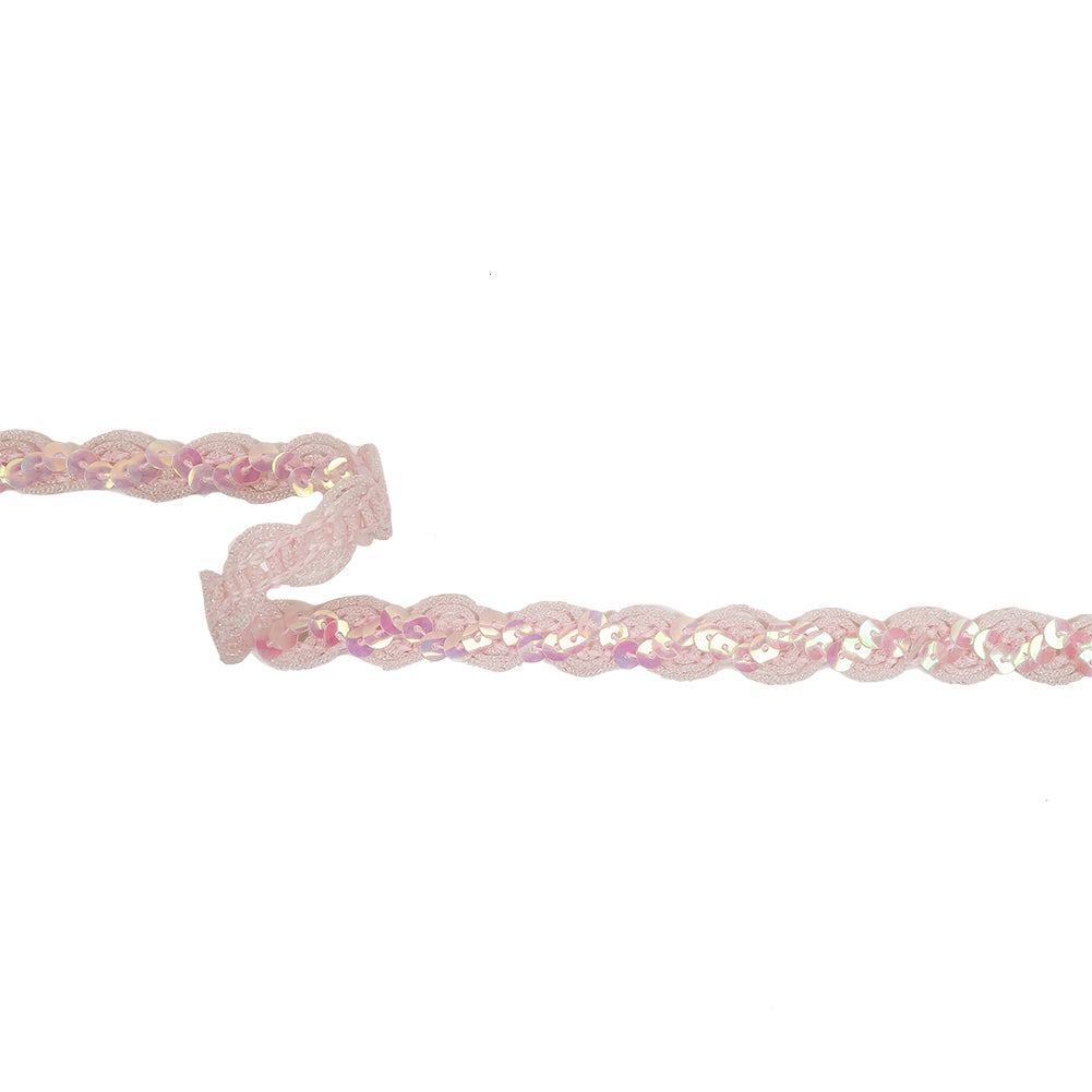 Iridescent Pink Wavy Braided Trim with Translucent Iridescent Pink Sequins - 0.625" Iridescent Pink Wavy Braided Trim with Translucent Iridescent Pink Sequins - 0.625"