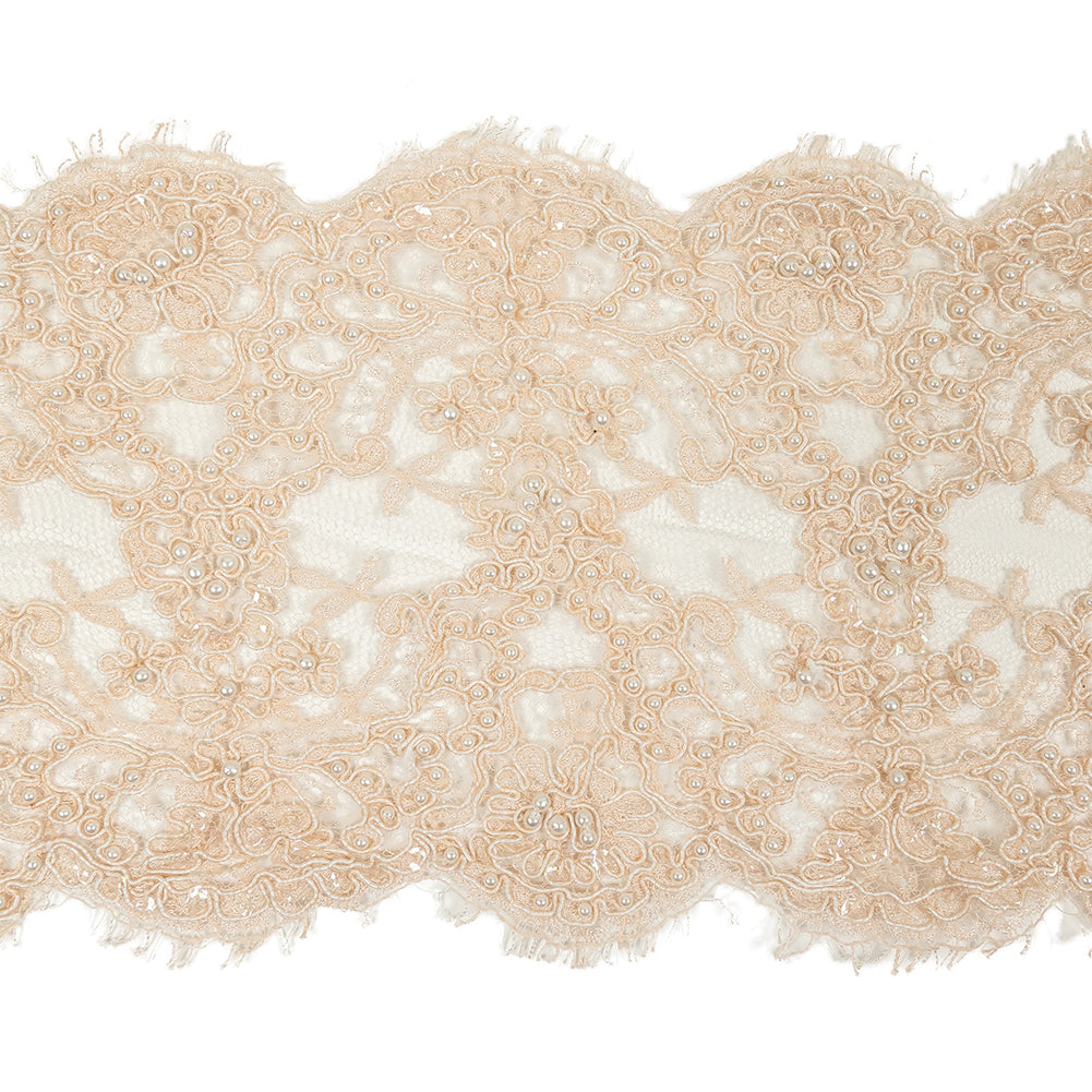 Pale Peach Beaded and Sequined Floral Corded Lace Trim with Eyelash Fringe - 8" Pale Peach Beaded and Sequined Floral Corded Lace Trim with Eyelash Fringe - 8"