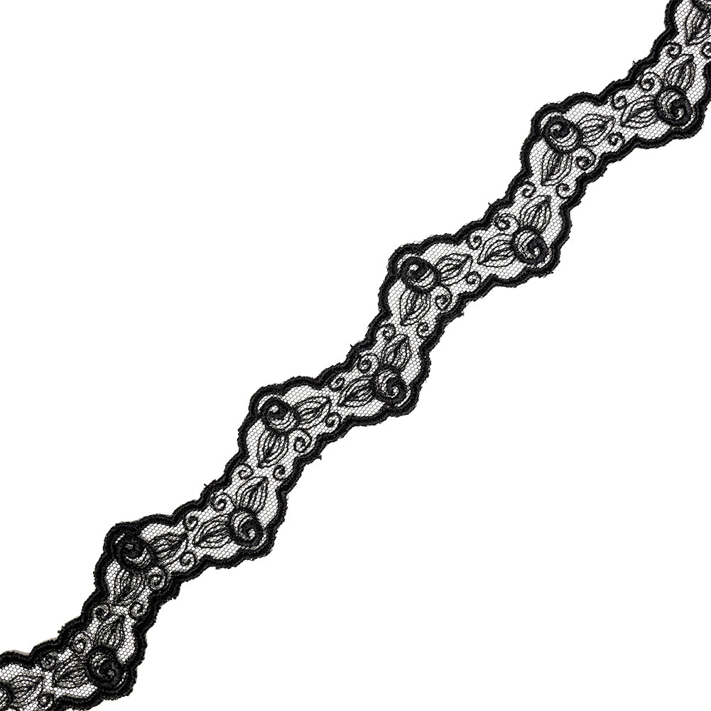 Black Roses Zig Zag Scalloped Embroidered Lace Trim - 1.5" Black Roses Zig Zag Scalloped Embroidered Lace Trim - 1.5"