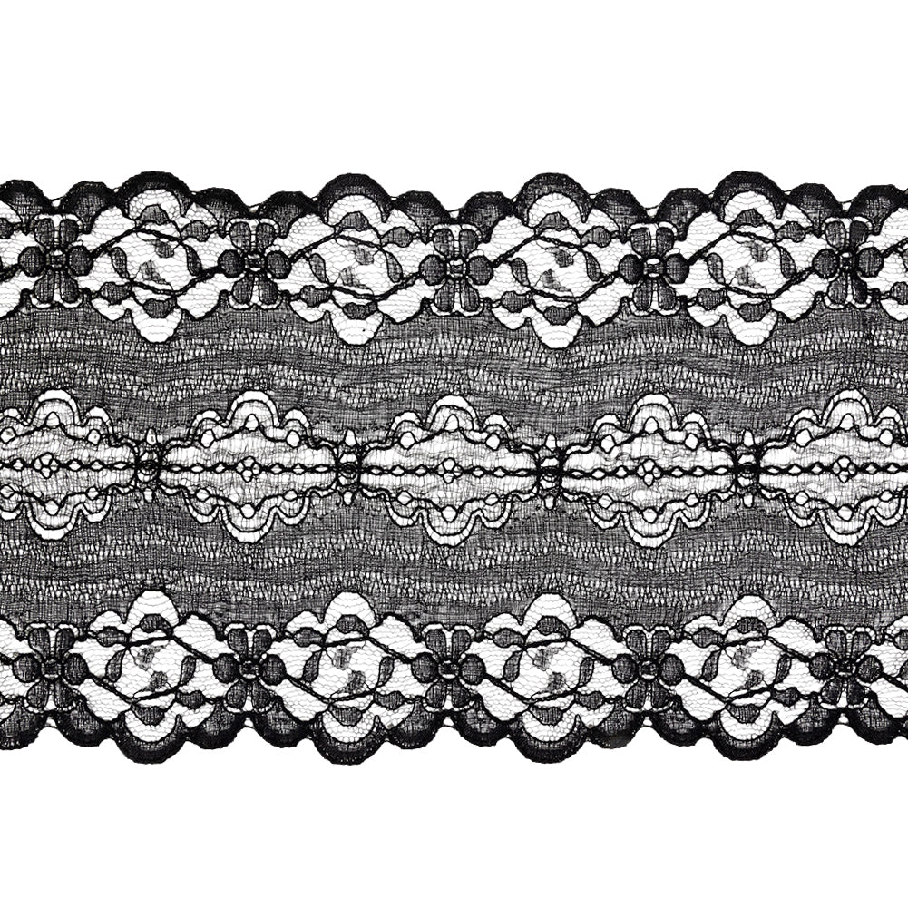 Black Floral and Abstract Re-Embroidered Lace Trim with Scalloped Edges - 5.25" Black Floral and Abstract Re-Embroidered Lace Trim with Scalloped Edges - 5.25"