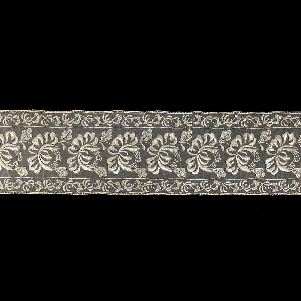 White Floral Embroidered Organza Lace Trim - 4.25" White Floral Embroidered Organza Lace Trim - 4.25"