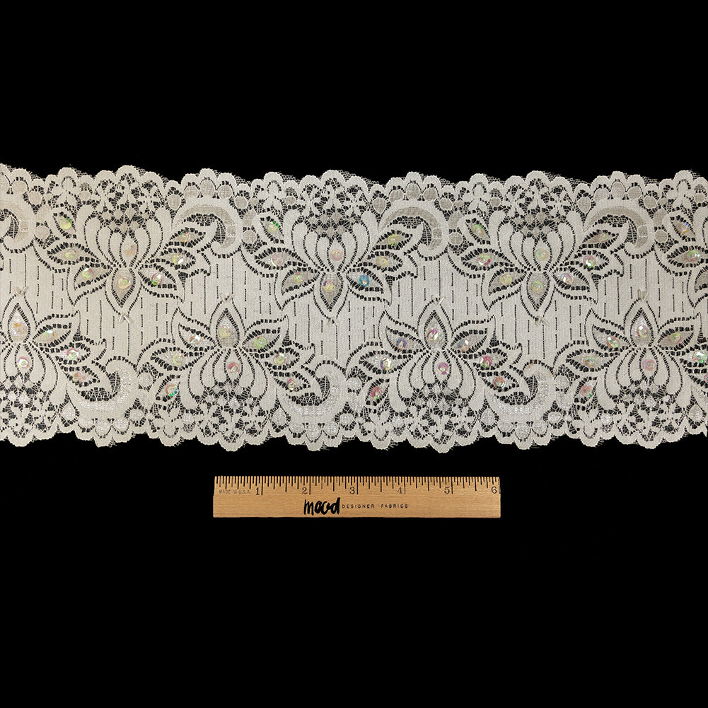 White and Iridescent Beaded and Sequined Floral Stretch Lace Trim - 6" Full White and Iridescent Beaded and Sequined Floral Stretch Lace Trim - 6" Full