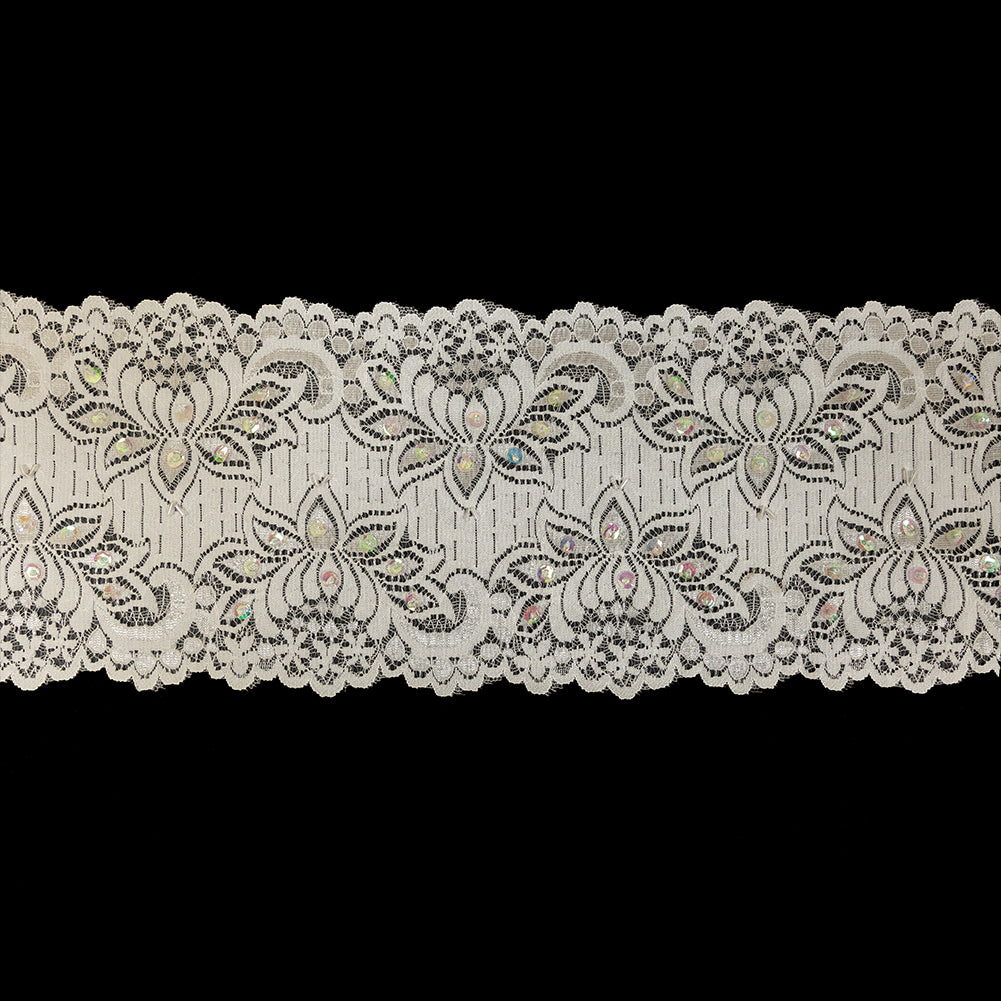 White and Iridescent Beaded and Sequined Floral Stretch Lace Trim - 6" White and Iridescent Beaded and Sequined Floral Stretch Lace Trim - 6"