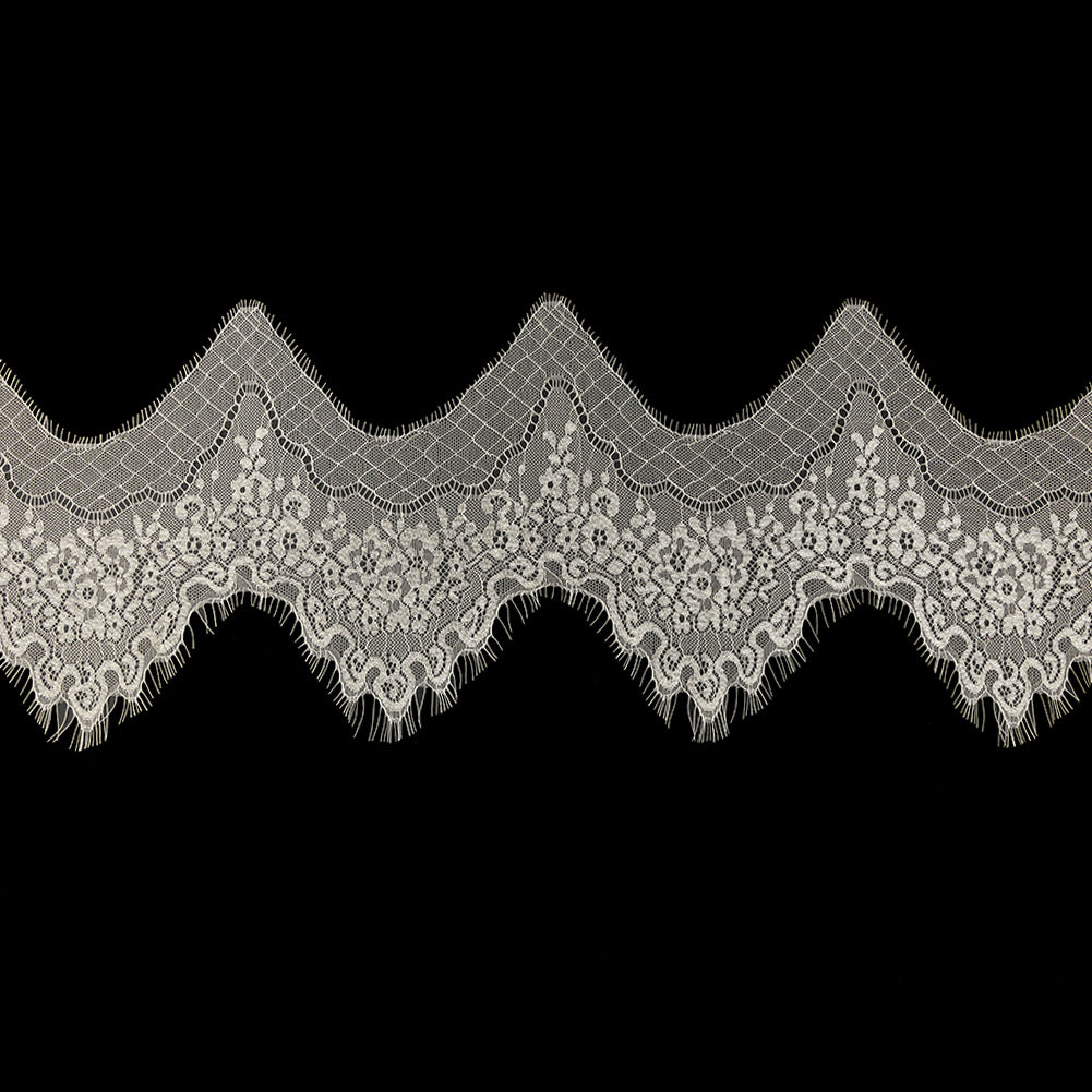 White Alyssum Floral Zig Zag Chantilly Lace Trim with Eyelash Fringe - 8.5" x 3yd White Alyssum Floral Zig Zag Chantilly Lace Trim with Eyelash Fringe - 8.5" x 3yd