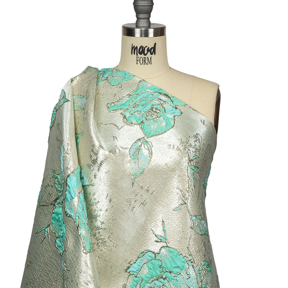Bright Antigua Sand, Mint and Metallic Silver Roses Luxury Brocade Drape Bright Antigua Sand, Mint and Metallic Silver Roses Luxury Brocade Drape