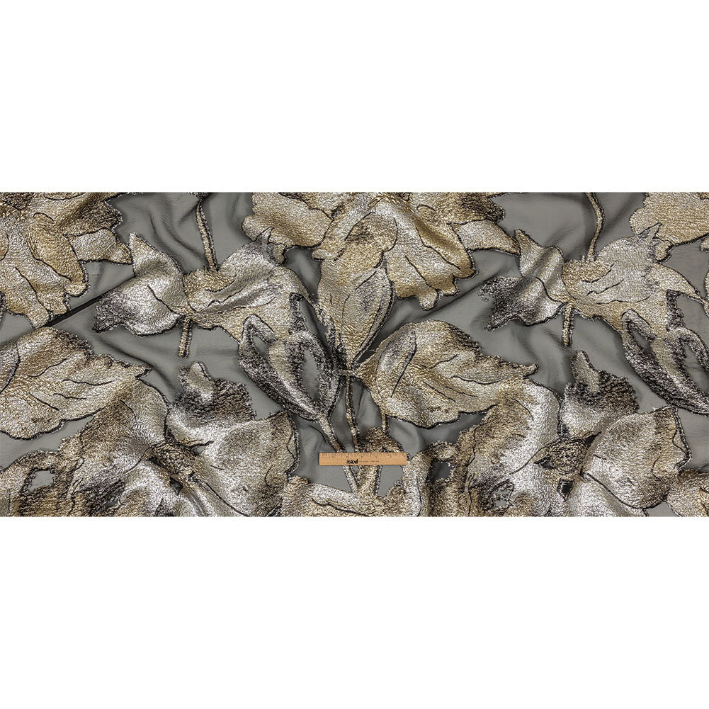 Metallic Silver, Gold and Black Oversized Flowers Luxury Burnout Brocade Full Metallic Silver, Gold and Black Oversized Flowers Luxury Burnout Brocade Full