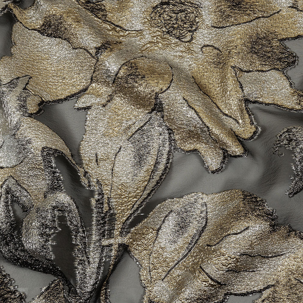 Metallic Silver, Gold and Black Oversized Flowers Luxury Burnout Brocade Metallic Silver, Gold and Black Oversized Flowers Luxury Burnout Brocade