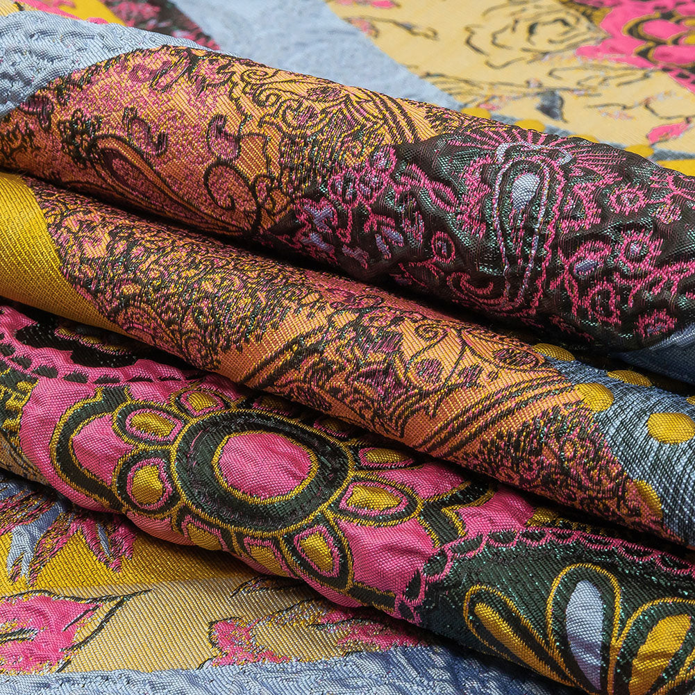 Metallic Pink, Yellow and Sky Patchwork Diagonal Stripes Luxury Brocade Folded Metallic Pink, Yellow and Sky Patchwork Diagonal Stripes Luxury Brocade Folded