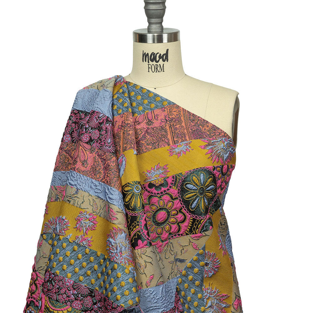 Metallic Pink, Yellow and Sky Patchwork Diagonal Stripes Luxury Brocade Drape Metallic Pink, Yellow and Sky Patchwork Diagonal Stripes Luxury Brocade Drape