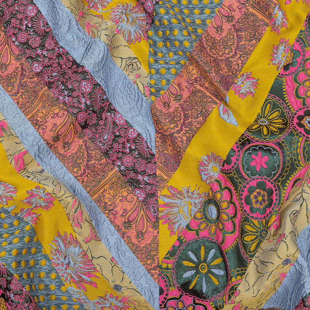 Metallic Pink, Yellow and Sky Patchwork Diagonal Stripes Luxury Brocade Metallic Pink, Yellow and Sky Patchwork Diagonal Stripes Luxury Brocade