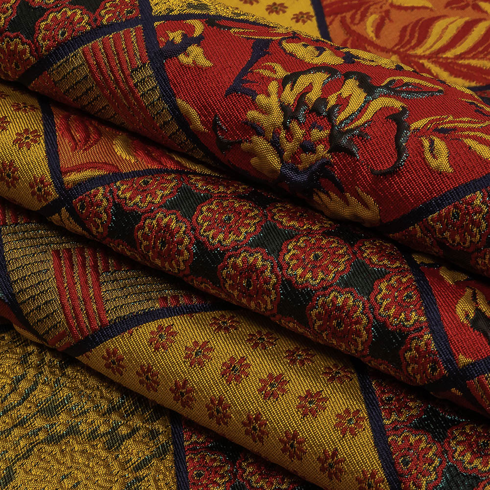 Red, Saffron and Metallic Navy Patchwork Squares Luxury Brocade Folded Red, Saffron and Metallic Navy Patchwork Squares Luxury Brocade Folded
