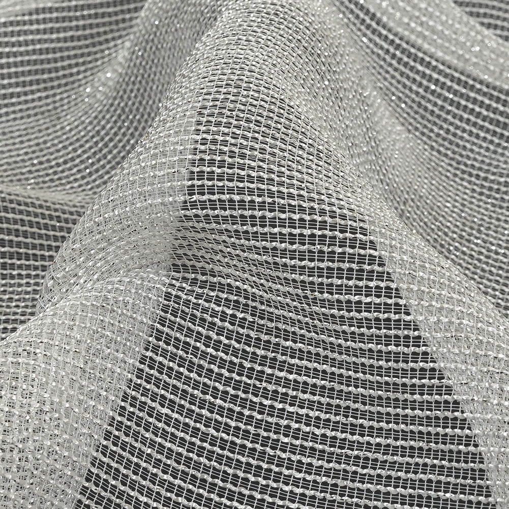 Metallic Silver and White Textural Stripes Luxe Novelty Mesh Detail Metallic Silver and White Textural Stripes Luxe Novelty Mesh Detail
