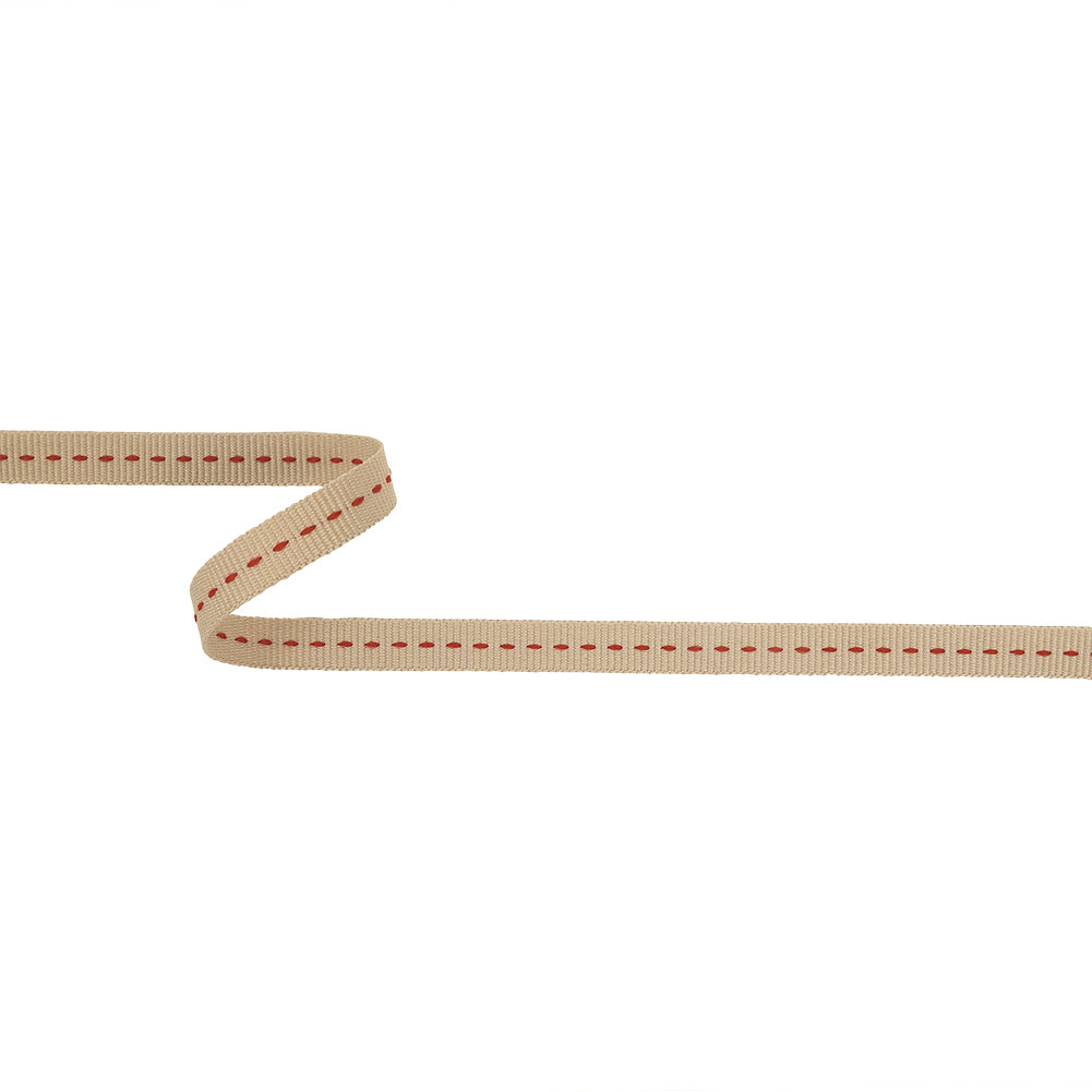 Tan Grosgrain Ribbon with Red Stitching Detail - 0.375" Tan Grosgrain Ribbon with Red Stitching Detail - 0.375"