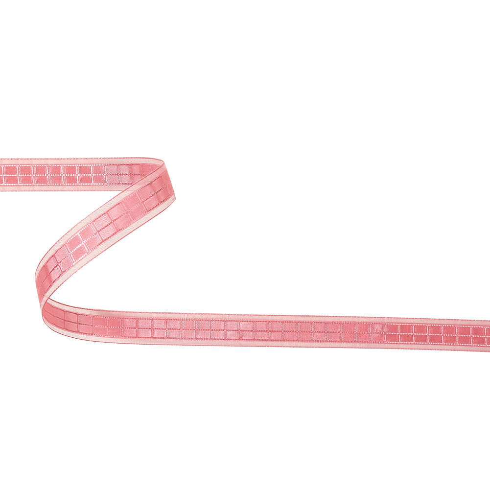 Bubblegum Pink Windowpane Checks and Sheer Borders Woven Ribbon - 0.625" Bubblegum Pink Windowpane Checks and Sheer Borders Woven Ribbon - 0.625"