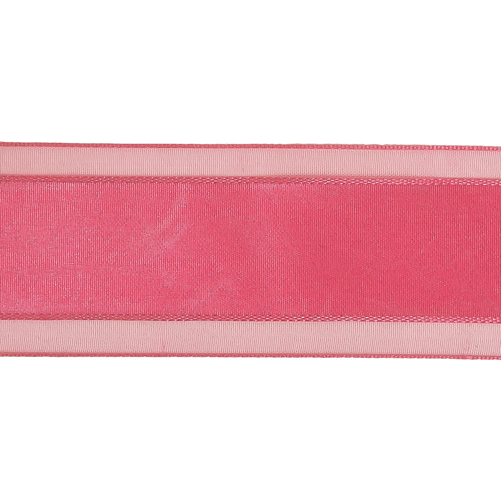 Pink Carnation Woven Ribbon with Sheer Organza Borders - 1.5" Detail Pink Carnation Woven Ribbon with Sheer Organza Borders - 1.5" Detail