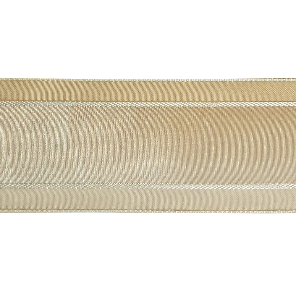 Beige and White Ombre Woven Ribbon with Sheer Organza Borders - 1.5" Detail Beige and White Ombre Woven Ribbon with Sheer Organza Borders - 1.5" Detail
