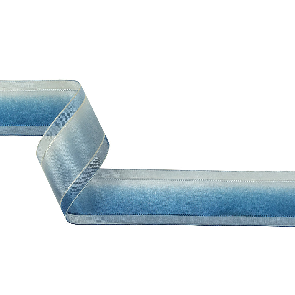 Ultramarine and Light Blue Ombre Woven Ribbon with Sheer Organza Borders - 1.5" Ultramarine and Light Blue Ombre Woven Ribbon with Sheer Organza Borders - 1.5"