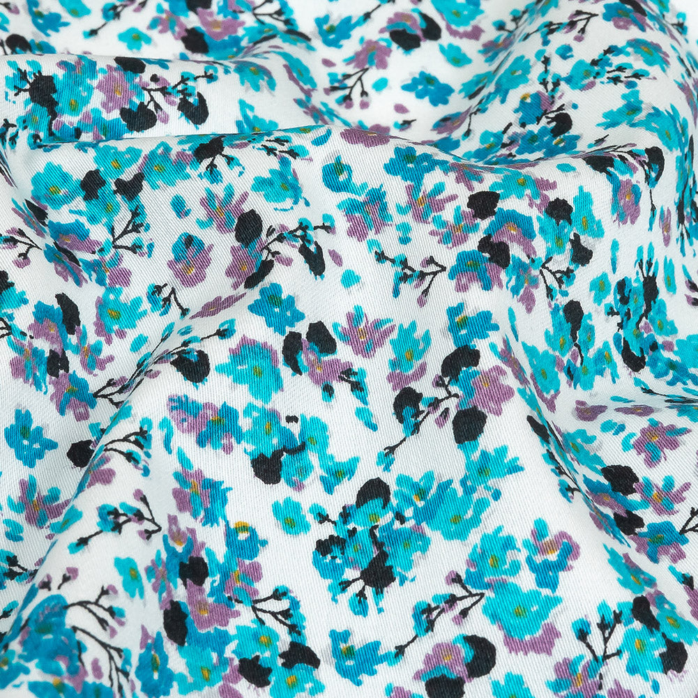 Turquoise, Lilac, and White Tiny Flowers Cotton Shirting Detail Turquoise, Lilac, and White Tiny Flowers Cotton Shirting Detail