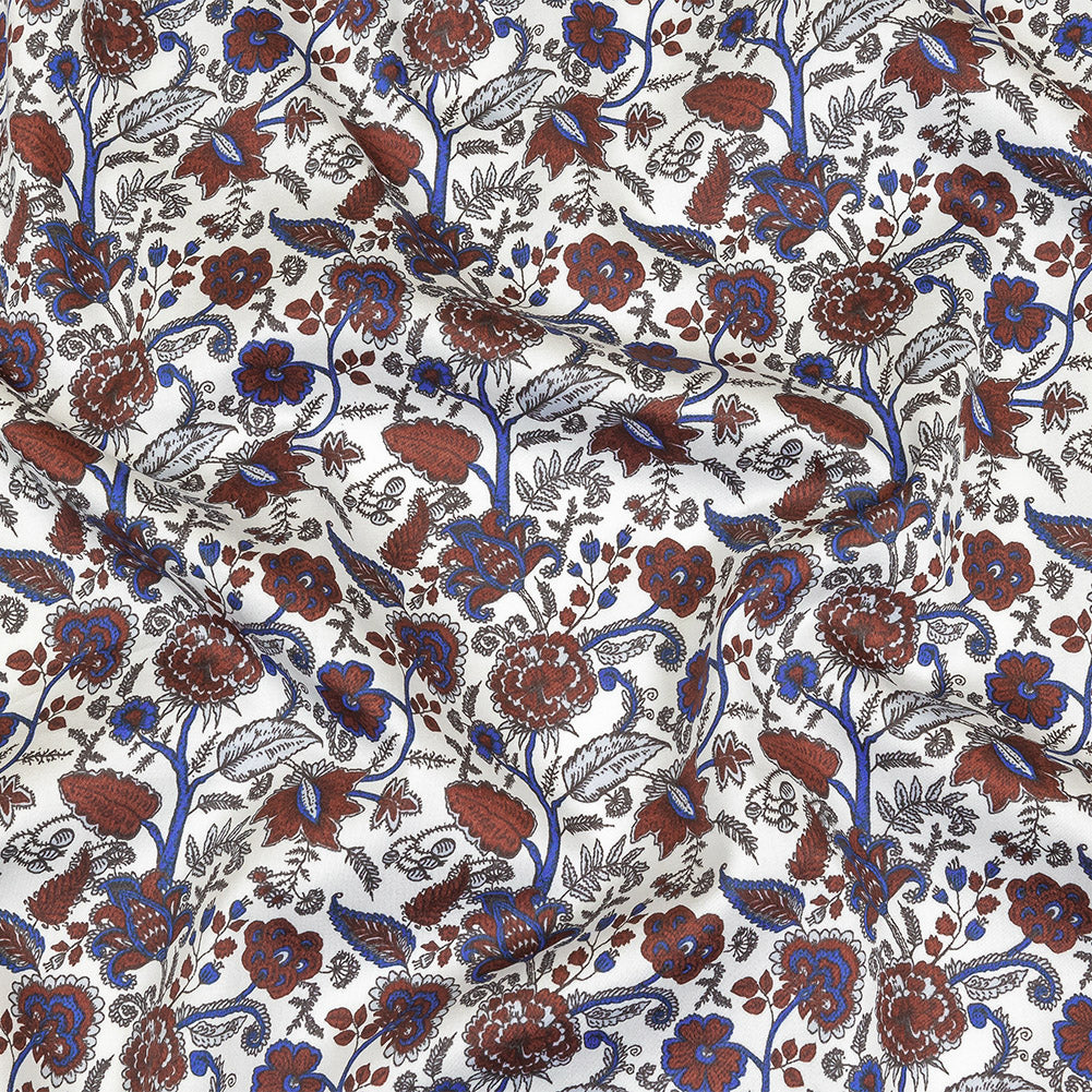 Earth Red, Bright Cobalt and Vapor Blue Floral Stems Cotton Sateen Earth Red, Bright Cobalt and Vapor Blue Floral Stems Cotton Sateen