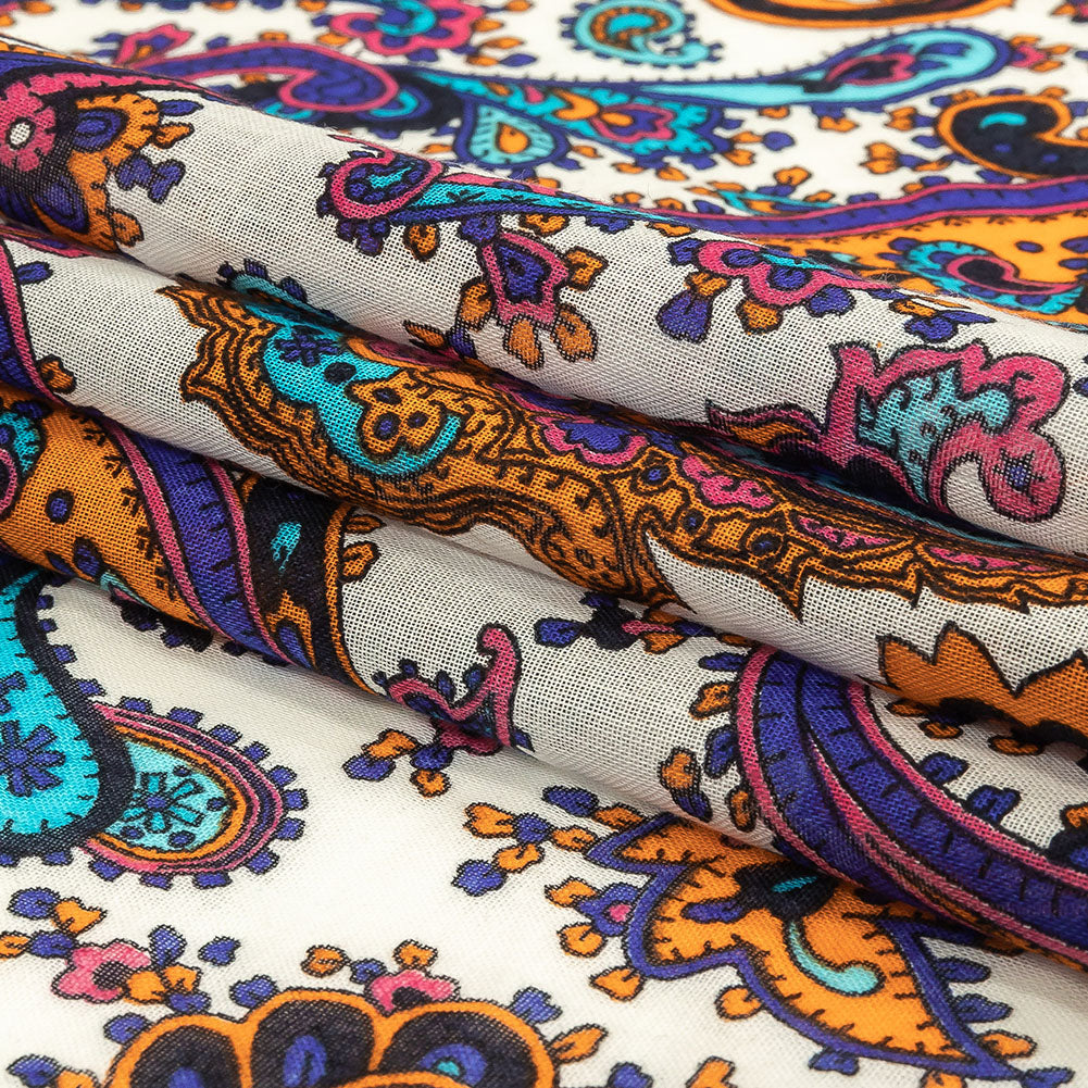 Gauzy Cotton Voile - White, Orange Pepper and Turquoise Paisley - Deadstock Folded Gauzy Cotton Voile - White, Orange Pepper and Turquoise Paisley - Deadstock Folded