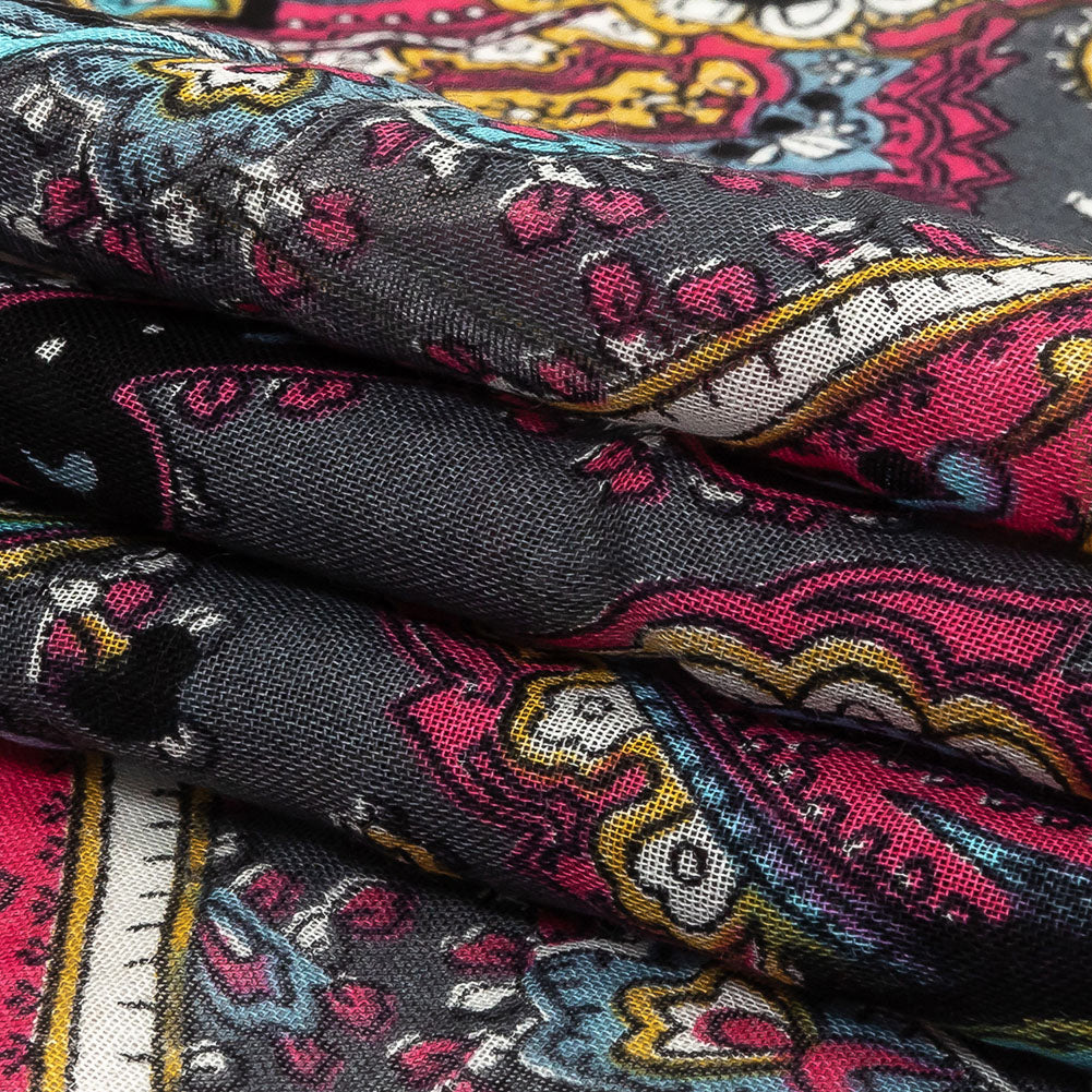 Gauzy Cotton Voile - Charcoal, Hot Pink and Gold Paisley - Deadstock Folded Gauzy Cotton Voile - Charcoal, Hot Pink and Gold Paisley - Deadstock Folded