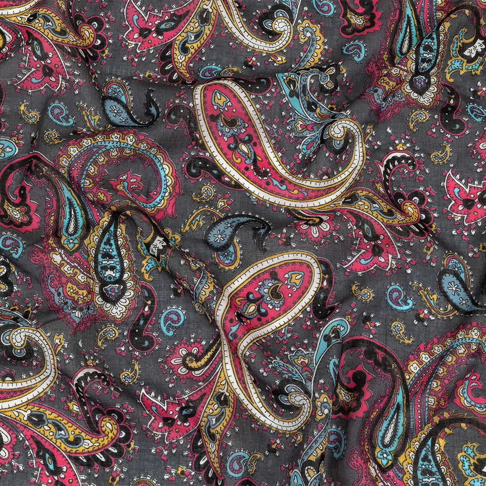 Gauzy Cotton Voile - Charcoal, Hot Pink and Gold Paisley - Deadstock Gauzy Cotton Voile - Charcoal, Hot Pink and Gold Paisley - Deadstock