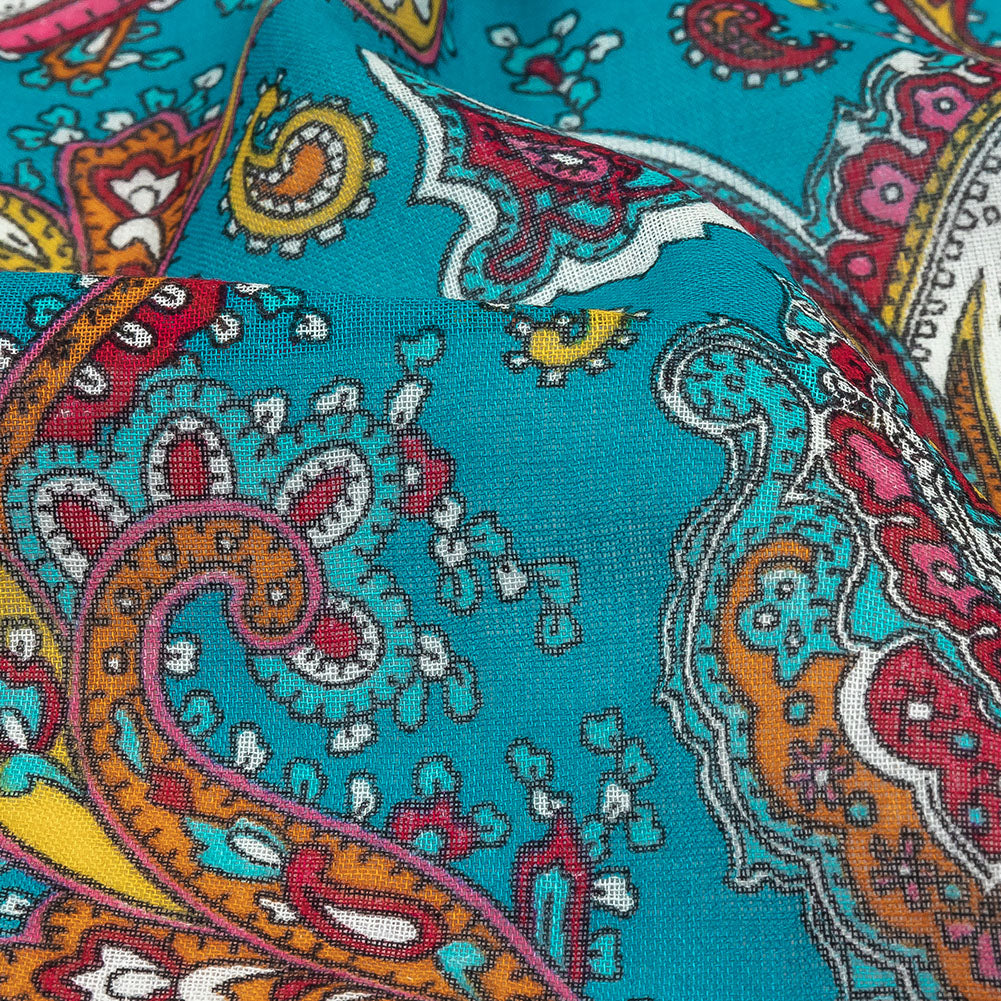 Gauzy Cotton Voile - Turquoise, Pink and White Paisley - Deadstock Detail Gauzy Cotton Voile - Turquoise, Pink and White Paisley - Deadstock Detail