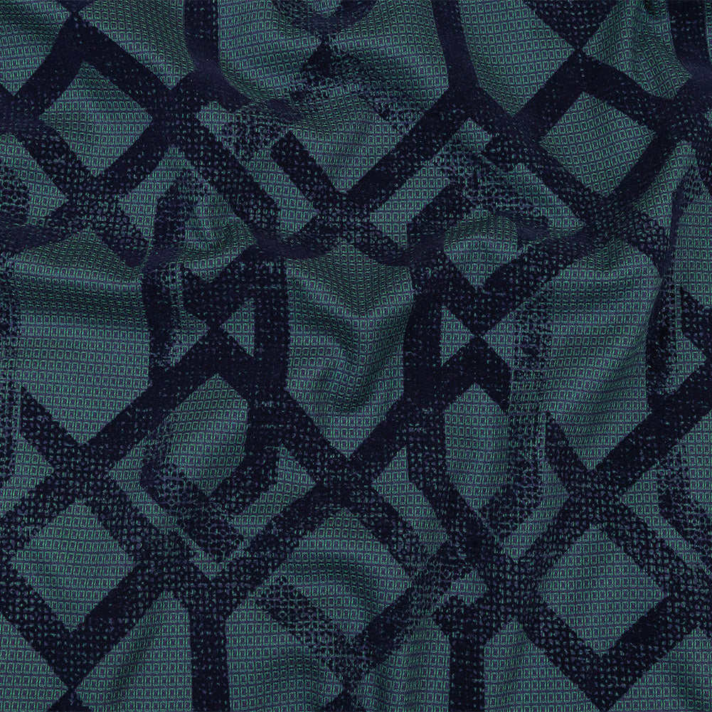 Navy Distressed Geometric Flocking on Hunter Green and Peacoat Rectangles Cotton Dobby Navy Distressed Geometric Flocking on Hunter Green and Peacoat Rectangles Cotton Dobby